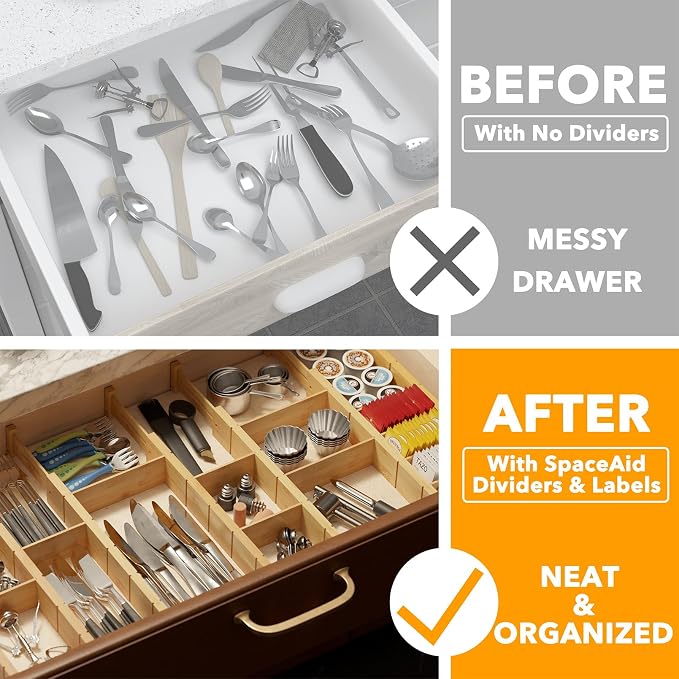 SpaceAid Bamboo Drawer Dividers with Inserts and Labels, Kitchen Adjustable Drawer Organizers, Expandable Organization for Home, Office, Dressers, 10 Dividers with 24 Inserts (17"-22" Natural) - Image 2