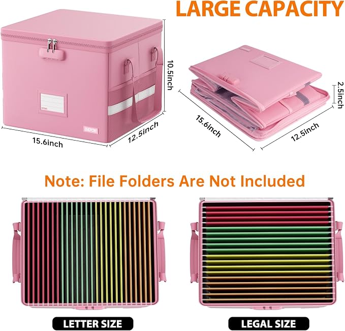 ENGPOW 5200°F File Box Fireproof Document Box with Lock,Heat Insulated Collapsible File Storage Organizer Box with Handle,Portable Home Office File Cabinet for Hanging Letter/Legal Size Folder, Pink - Image 8