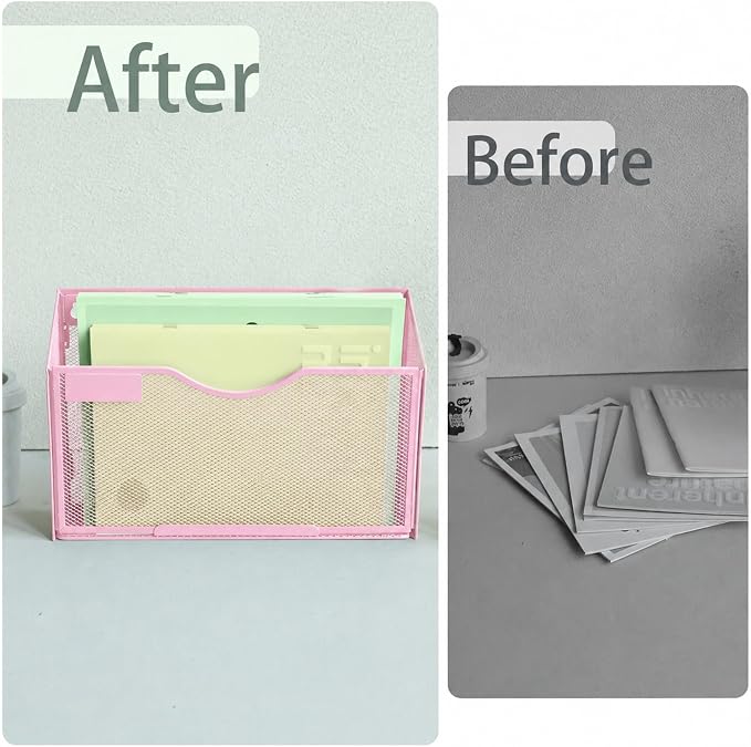 1 Pocket Mesh Wall File Holder Organizer Office Hanging File Folder Magazine Rack, Nametag Label Hooks Set Included (Pink) - Image 5