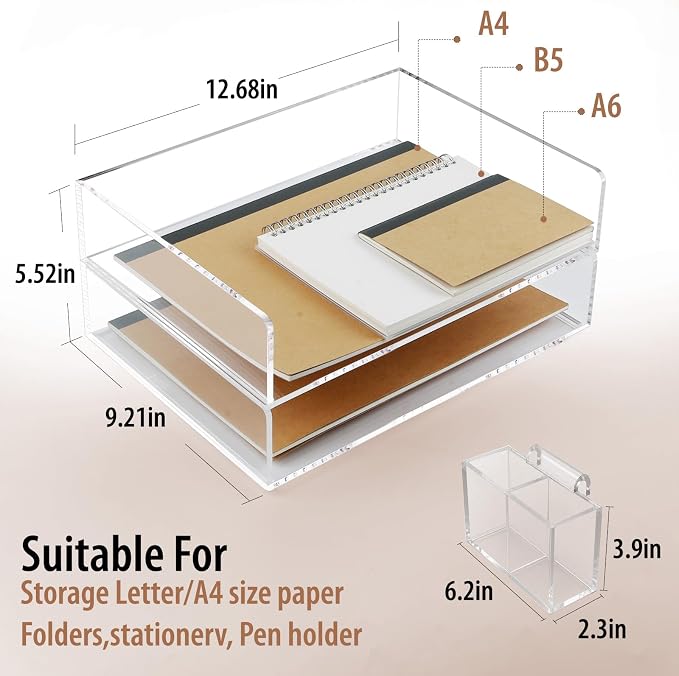 2 Pack Acrylic Paper Tray and Pen Holder Organizer for Desk Clear File Organizer,Acrylic Desk Organizers and Accessories Sorter,Perfect for File Paper, Ipad, Letter, A4 Office File, Books, Notes. - Image 2