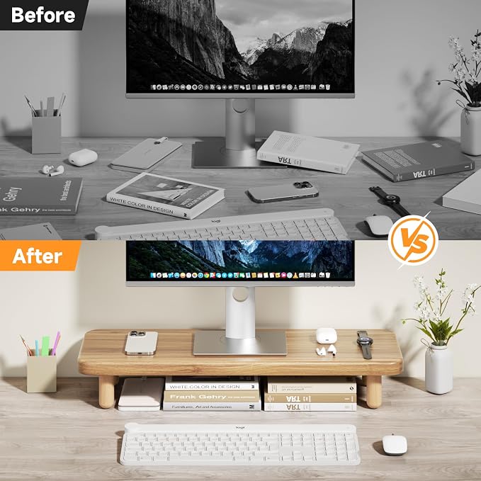 Monitor Stand Riser, 24 Inch Wood Desk Organizer with Monitor Stand & Storage Computer Monitor and Laptop Riser Multifunctional Laptop Stand Desk Organizer for Office Home Screen/Laptop/PC (Light Walnut) - Image 7