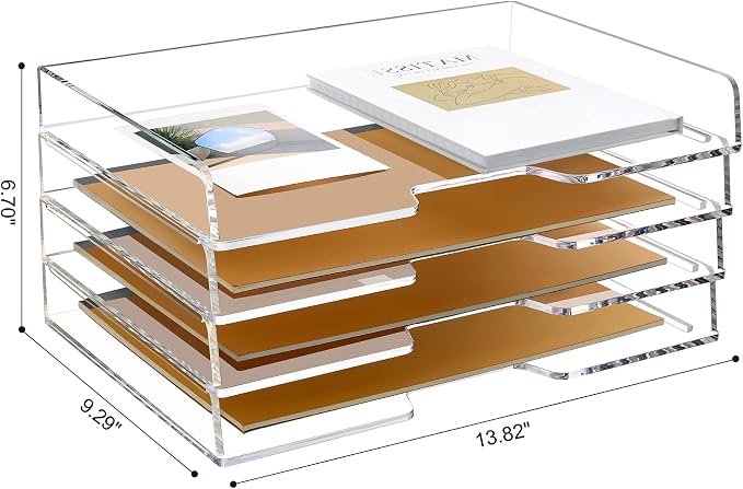 Acrylic Desk Organizer, Stackable Paper Organizer Letter Tray 4-Tier Clear | Enlarged File Organizer for Documents, Files, Letters, A4 Paper, Books, Notes, Mail & Paper Storage, Office Classroom Home - Image 6