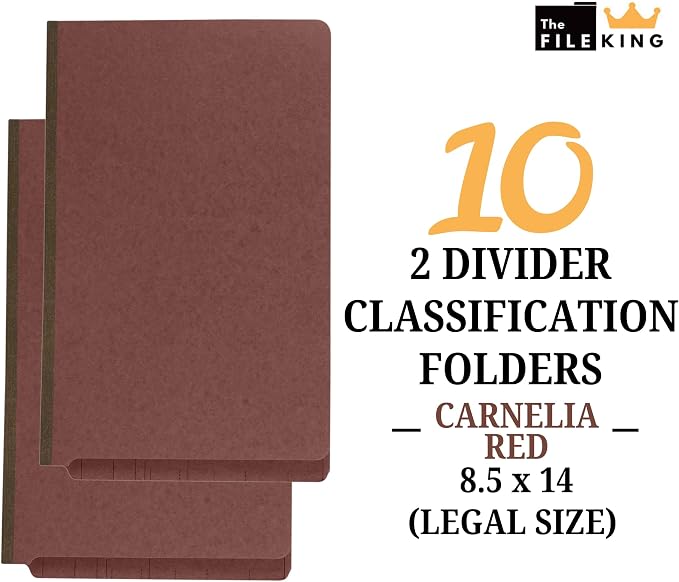 The File King Classification Folders 2 Dividers Legal Size - 10 Pack, Brick Red Pressboard | End Tab Legal File Folders with Prongs | Made in America | 2" Expansion for Shelf Filing | 6 Fasteners - Image 2