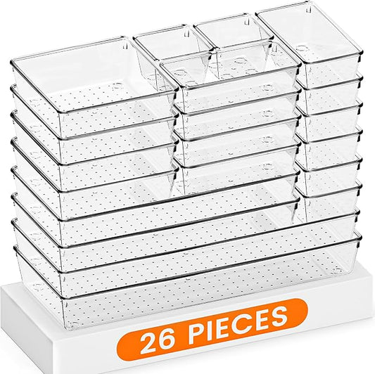 Drawer Organizer, 26 Pack Clear Plastic Drawer Organizer Bins, Versatile Organization and Storage Trays for Kitchen, Bathroom, Vanity Makeup and Office by Criusia