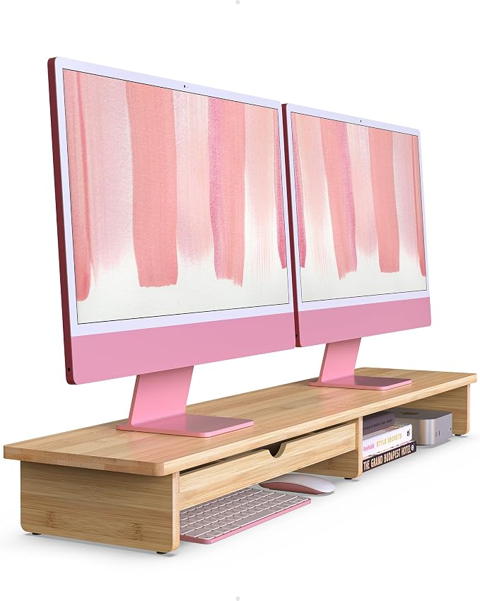 42” Monitor Stand with Large Drawer Keyboard Storage,Bamboo | Dual Computer Monitor Riser Shelf for 55-72 Inch Desk Aesthetic Workplace Computer Setup Desktop Organizer Easy Assembly by WELLWENG