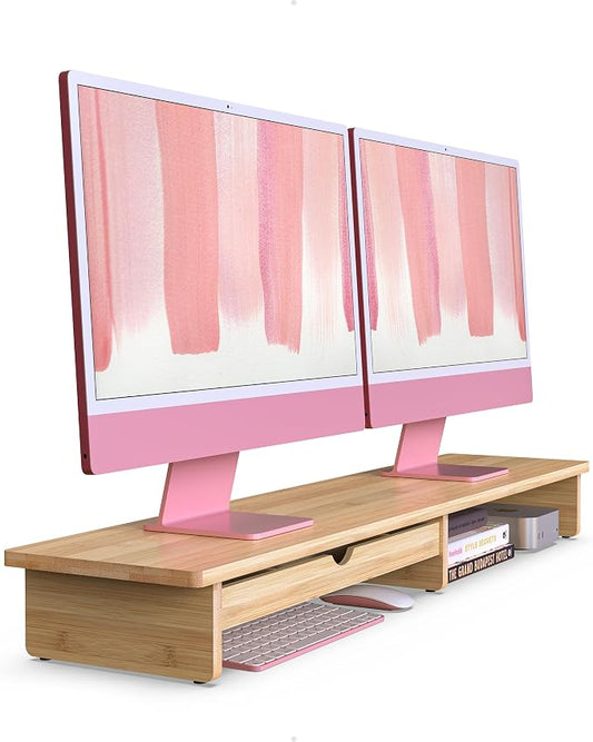 42” Monitor Stand with Large Drawer Keyboard Storage,Bamboo | Dual Computer Monitor Riser Shelf for 55-72 Inch Desk Aesthetic Workplace Computer Setup Desktop Organizer Easy Assembly by WELLWENG