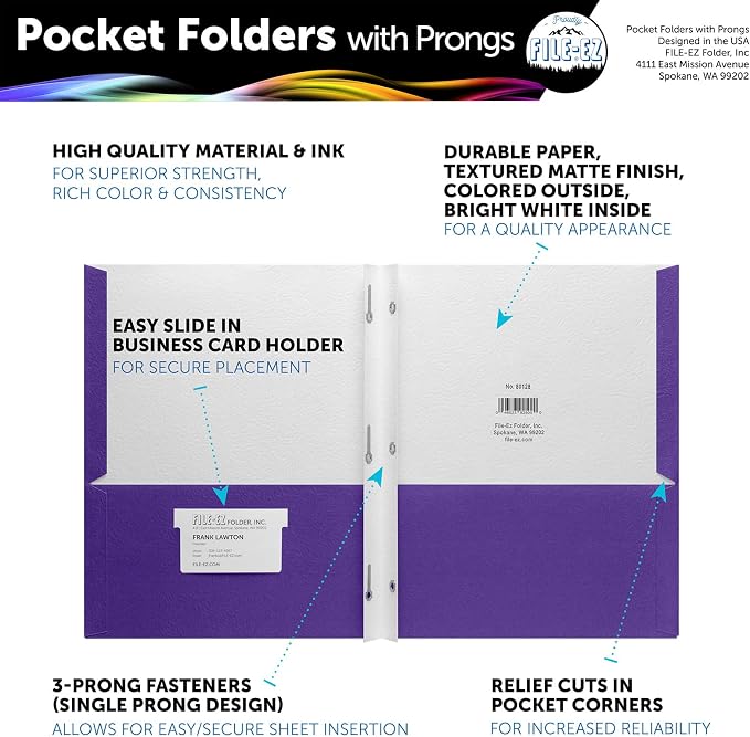 FILE-EZ Two-Pocket Folders with 3-Prong Fasteners, Purple Color, 25-Pack, Durable Textured Paper, Matte Finish, Letter Sheet Size (EZ-92545) - Image 2