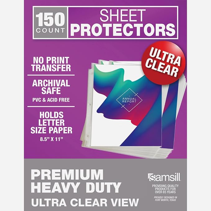 Samsill Ultra Clear Sheet Protectors, 150 Pack, 8.5x11 Inch Page Protectors for 3 Ring Binder, Premium Heavy Duty, Letter Size, Top Loading, Acid Free by Samsill