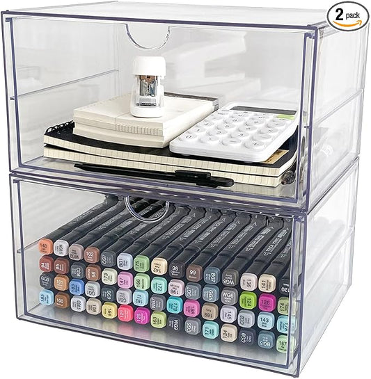Clear Plastic Drawer Organizer, 2 Pack, 2 Drawers | Stackable, For Office Supplies, For Marker Pen, For Art Crafts & Stationery, For Coffee Pods by NINEWEEN