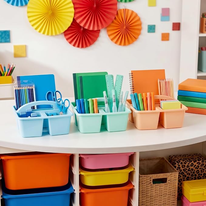 Kathfly 6 Pack Classroom Caddy Organizer with Handle, Plastic Art Craft Cleaning Caddy Bulk, Small Multipurpose Supply Organization Storage Basket for Table Desk Office Pencil Teacher (Morandi Color) - Image 4