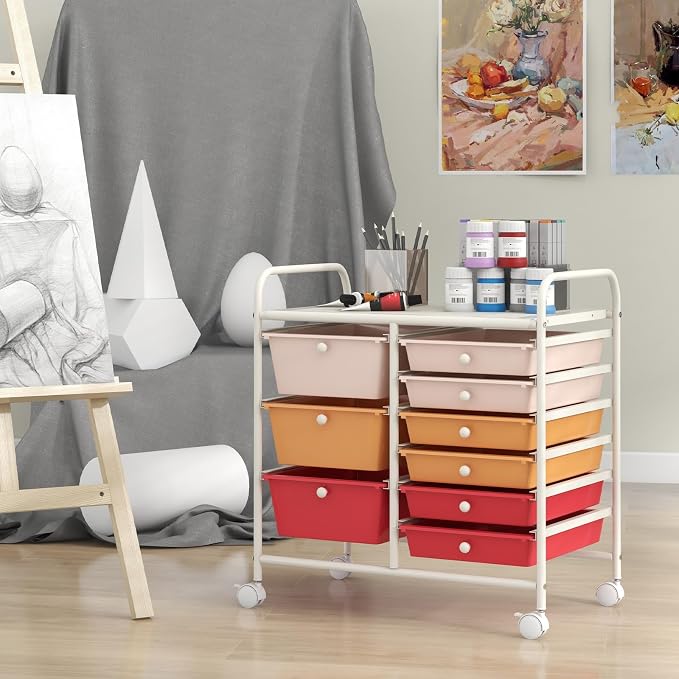 Giantex 9 Drawers Rolling Cart, Classroom Organizers, Storage Cart with Wheels, for Teacher Office Home School Supplies Tool Craft Art Paper, Macaron Multicolor - Image 4