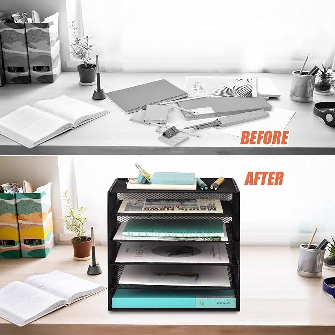 5 Slot Mesh Desk Organizer Tray, File Paper Letter Folder Holder Desktop Paper Sorter Mail Organization Rack Storage Accessories, for Office Home School Classroom, Black - Image 3