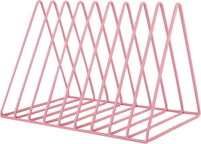 Vinyl Record Holder Storage, 9 Slot Metal Magazine Book Album Display Rack, Stylish Triangle Desktop File Sorter Organizer for Home Office, Pink by EASEPRES