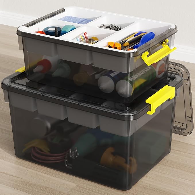 20&40Qt Stackable Storage Bins with Lids Trays Craft Box Organizers,2Pack | Clear Plastic Latching Boxes Organizers with Dividers Portable Containers for Arts & Crafts, Home Office Classroom Car Trunk by HOMETUK