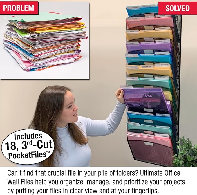 Ultimate Office Mesh Hanging Wall File Organizer, 12 Tier + 18 PocketFiles | Vertical mount hanging file sorter and display rack; includes 18 3rd-cut PocketFile clear document folders - Image 2