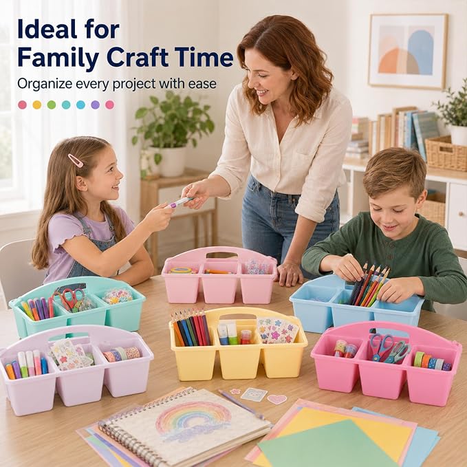 6 Pack Assorted Colors 6 Compartment Classroom Caddy with Handle Portable Plastic Storage Classroom Caddies Organizer for Classrooms Supply Teacher Office Table Desk(Pink Purple) - Image 7