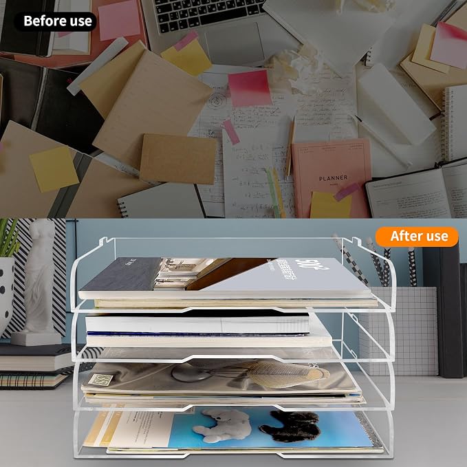 4 Pack- Stackable Paper Letter Tray,Clear Acrylic Magazine Holder and File Organizer - Sleek Desk Organizer for Home Office, Bookshelf, or Workspace - Space-Saving Transparent Document Holder - Image 6