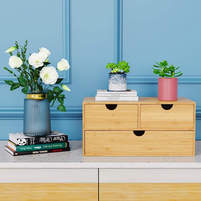 Bamboo Desk Organizer with Drawers, 3-Drawer Desktop Storage Box | 3 Drawers Open Top Tray Fully Assembled Stores Pens, Notes, Makeup, Jewelry & Toiletries for Office, Vanity & Bath - Image 2