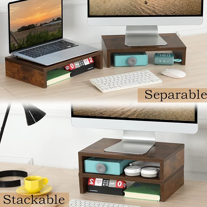 TEAMIX 2 Pack and 2 Drawers Rustic Brown Wood Monitor Stand Riser for 2 Monitors/Laptop/PC, Wood Screen/TV Stand Desk Organizer. - Image 8