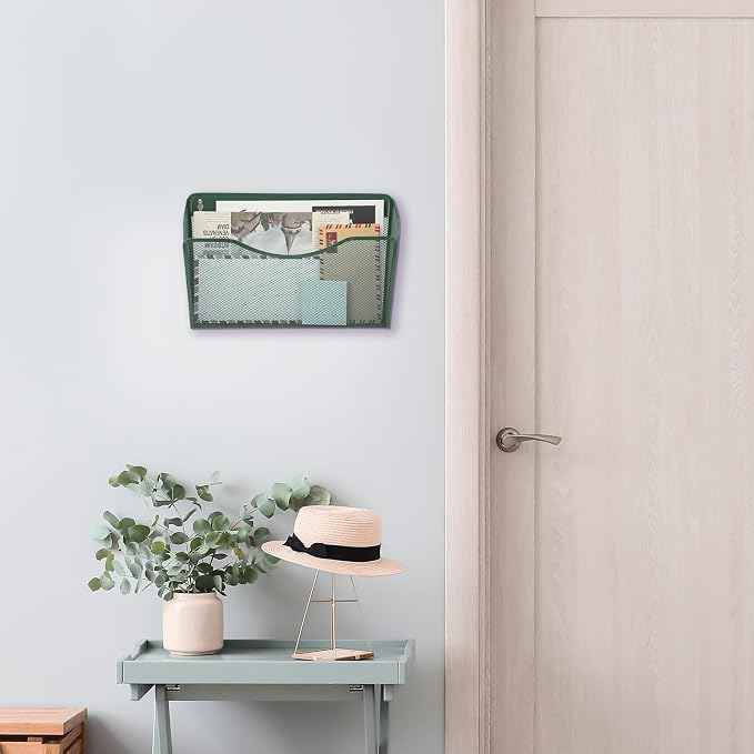 3 Single Pocket Mesh Hanging File Organizer, Vertical Wall Mounted Magazine File Holder, Mount Basket Mail Paper Document Folder Organizing for Office, Home and School, Dark Green - Image 6