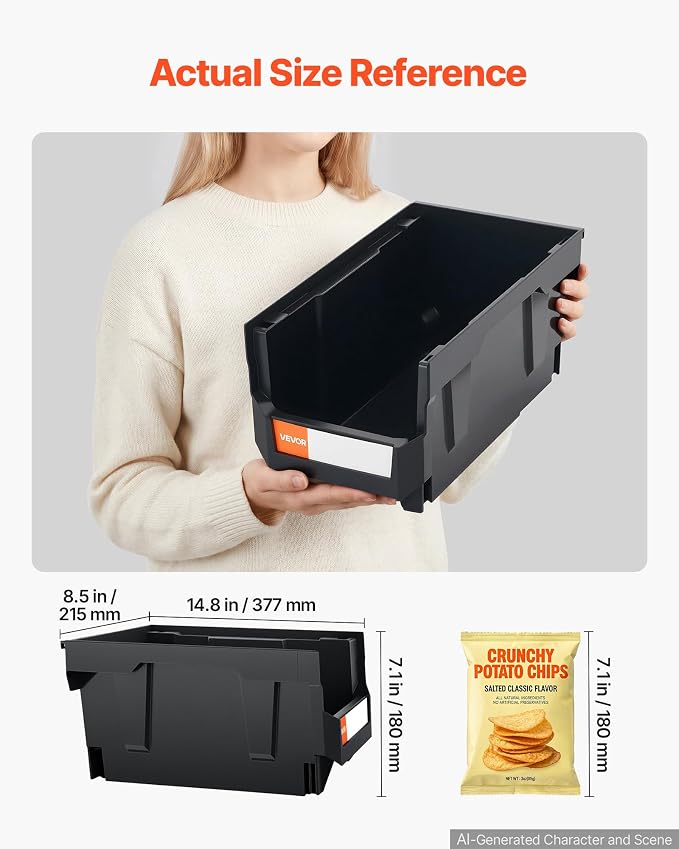 VEVOR Plastic Stackable Storage Bins, 14.8 x 8.5 x 7.1 inch (6 Pack), Plastic Containers for Organizing and Storage Bins for Closet, Garage, Small Parts, Office Supplies and Other Accessories, Black - Image 2