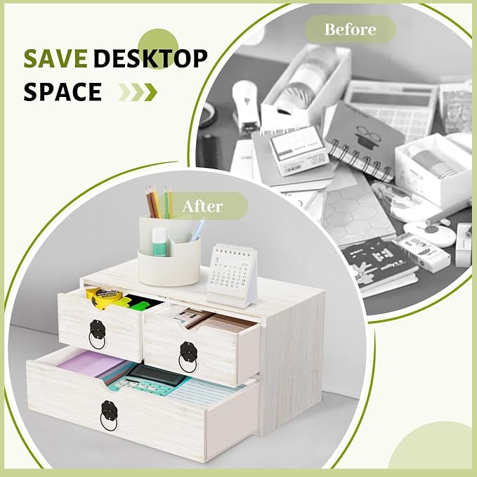 Wood Desk Organizer with Drawer, White Wooden Desktop Organizer, Tabletop Storage Organization Box for Countertop, Home Office Supplies (3 Drawer) - Image 6
