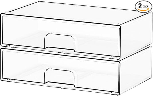 12.1''W Clear Stackable Storage Drawers,2 Pack Acrylic Drawer Organizer for Hair Accessories,Makeup Organizers,Plastic Organizer Bins for Vanity,Bathroom,Cabinet,Desktop,Office Supply Organizer by Yieach