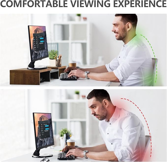 TAVR Dual Monitor Stand Riser, Wooden Computer Monitor Stand for 2 Monitors | Extra Long Multifunctional Desktop Organizer Riser for TV, PC Monitor, Laptop, Printer, Max 43.3" Length, Rustic Brown - Image 5