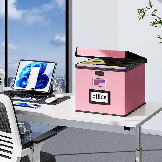 File Organizer Box with Lids, Collapsible File Folder Organizer | File Box with Plastic Slides for Document, Filing Bin for Letter Size Hanging File Folders (1 Pack, Pink, Leather) - Image 2