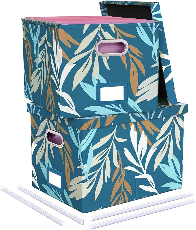 2 Pack File Storage Organizer, Document Organizer, Portable File Box with Lid, Fit for Letter/Legal File Folder Storage,Leaf Blue-Box only by Oterri