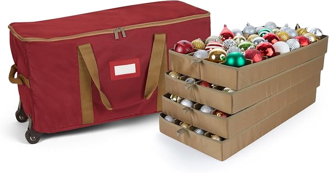 Covermates Keepsakes Rolling Adjustable Ornament Storage Bag – Heavy-Duty Polyester, FlexGrid Trays & Padded Dividers – Protective Holiday Organizer with Wheels, Handles & ID Window, Red by Covermates