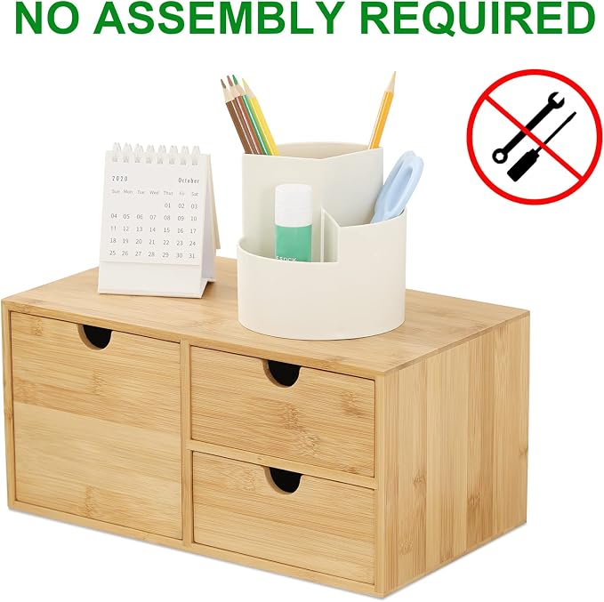 Bamboo Desk Drawer Organizer, Desktop Organizer with Drawers(3 Drawers) | 3 Drawers Open Top Tray Fully Assembled Stores Pens, Notes, Makeup, Jewelry & Toiletries for Office, Vanity & Bath - Image 4