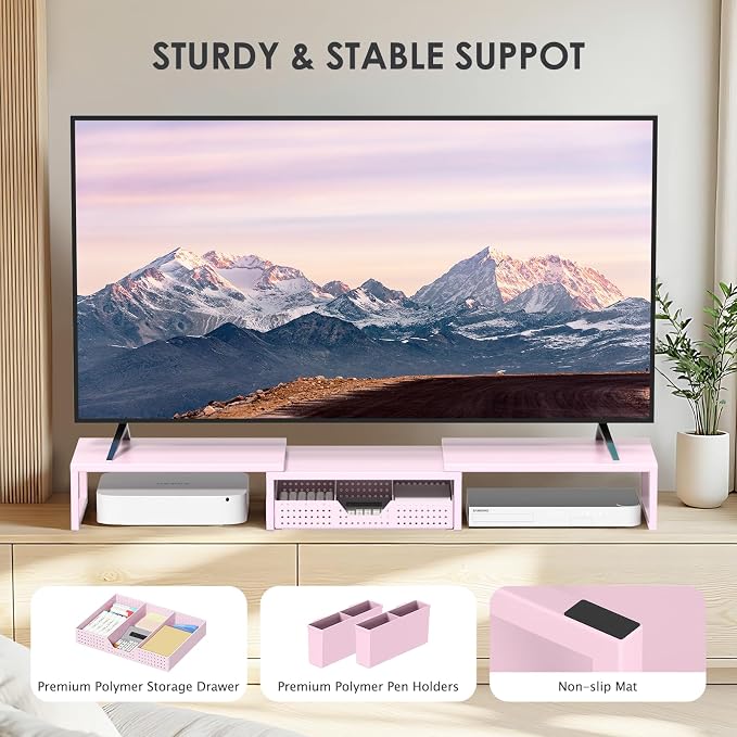 Desk Organizers and Accessories, Dual Monitor Stand Riser with Drawer and 2 Pen Holders, Desk Shelf Computer Racks for Office Workspace Organizers, Desktop Organization (Pink) - Image 8