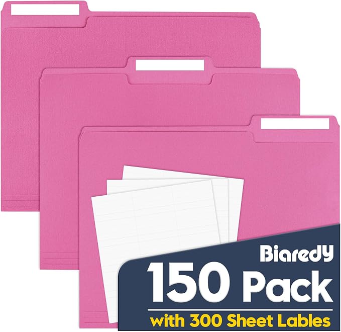 File Folders,150 Pack Letter Size Colored File Folders,8.5" x 11",1/3 Cut Tab Folder,Bulk Durable Paper Folders with Blank Labels for Office Business School Home Use,Bright Pink by Unknown