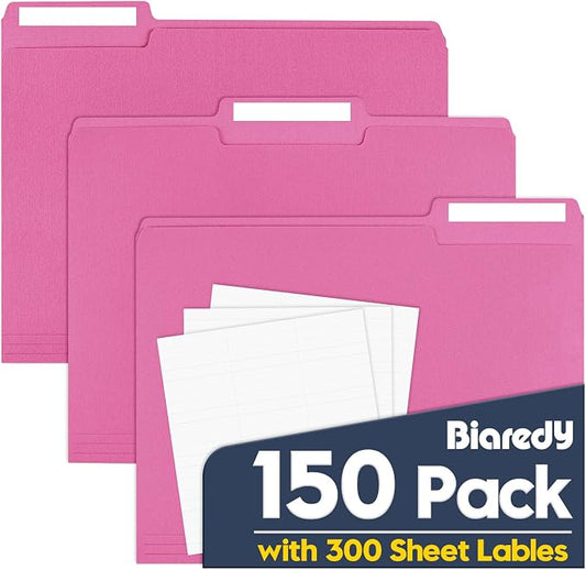 File Folders,150 Pack Letter Size Colored File Folders,8.5" x 11",1/3 Cut Tab Folder,Bulk Durable Paper Folders with Blank Labels for Office Business School Home Use,Bright Pink by Unknown