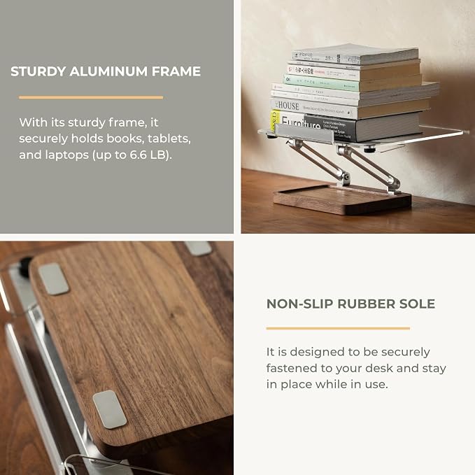 muso wood Acrylic Book Stand with Walnut Storage & Elastic Clips | Adjustable Desktop Holder, Supports Cookbooks, Magazines, Tablets and Laptops - Image 5
