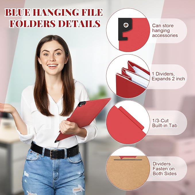 Henoyso 15 Pcs Hanging Classification Folders Bulk with 2 Prongs, 1 Divider Letter Size, 2 Inch Expansions Pressboard File Folder, 1/3-cut Tab File Organizer (1 Divider,Dark Red) - Image 3
