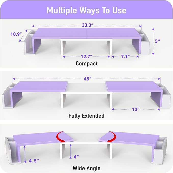 Simple Houseware Desk Dual Monitor Stand Riser with Drawer, Purple | Customizable Organizer Tray, Built-In Phone & Tablet Slot and Side Storage - Image 3