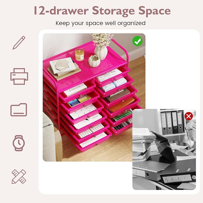 GOFLAME 12-Drawer Rolling Storage Cart, Multifunctional Art Craft Organizer Cart, Mobile Utility Storage Cart with Removable Drawers & Lockable Wheels, Craft Cart for Home Office School, Hot Pink - Image 5