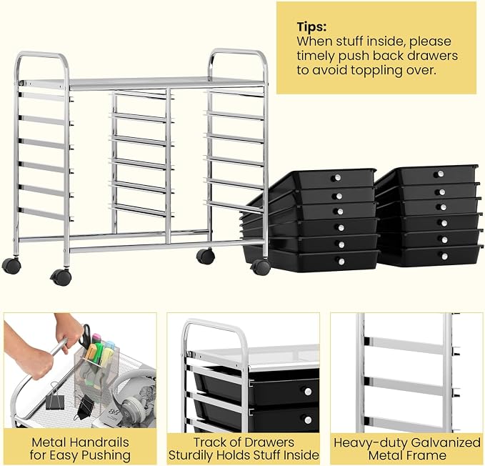 Giantex 12 Drawers Rolling Cart, Mobile Storage Drawer Cart, Classroom Organizer Cart for Office School Supplies Tools Scrapbook Paper Craft Small Printer, Utility Cart on Wheels, Black - Image 6