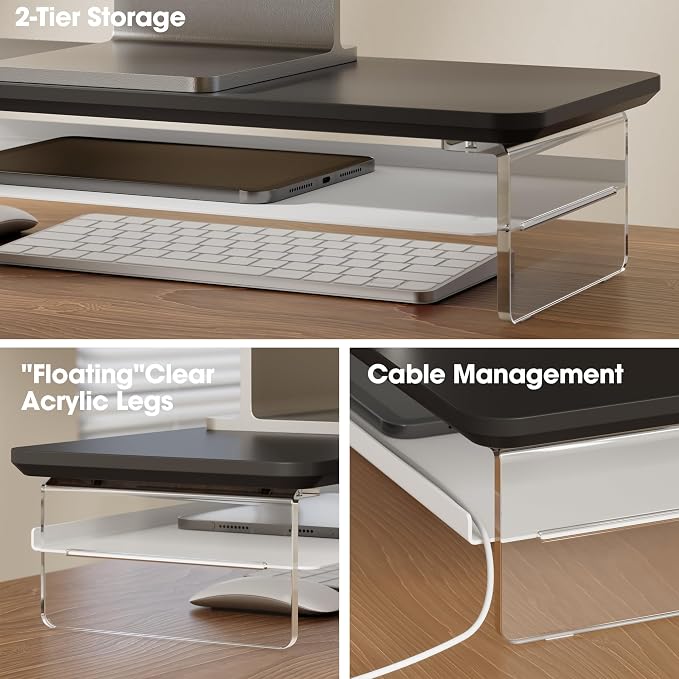 Fenge 23.6" Monitor Stand with Clear Acrylic Legs, Black | Clear Acrylic, Storage Compartment, 2-tier Home Office Monitor Riser, Wide Large Desktop Shelf Fit Monitor/Laptop/Printer - Image 3