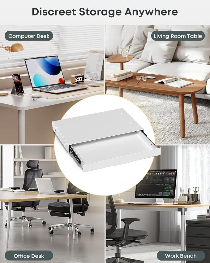 Under Desk Storage Drawer, 14.8" Wide Slide Out Under Desk Drawer | Max Load 17.6 Lbs, Quiet Glide, for Standing Desks & Home Offices, Heavy Duty Steel, White - Image 7
