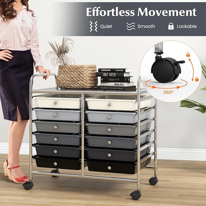 GOFLAME 12-Drawer Rolling Storage Cart, Multifunctional Art Craft Organizer Cart, Mobile Utility Storage Cart with Removable Drawers & Lockable Wheels, Craft Cart for Home Office School, Grey Gradient - Image 7