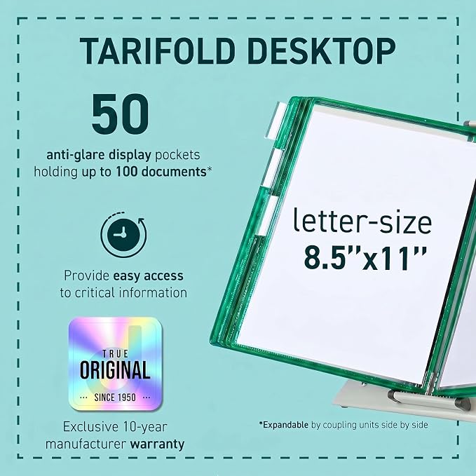 Tarifold Desktop Reference Display System, 50 Pockets, Expandable, Green | 50 Double-Sided PVC Pockets, Holds 100 Letter-Size Sheets, Sturdy Metal Base, Quick-Find Indexing, Quick and Easy to Assemble - Image 2