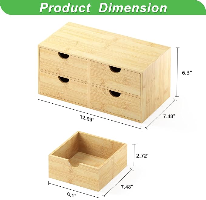 Bamboo Desk Organizer with Drawers, Desktop Storage Box for Office Supplies | 4 Drawers Desktop organizer, No Assembly Required, Natural Wood Wooden Desktop Drawers for Bills, Cosmetics, Seals, Paper - Image 3
