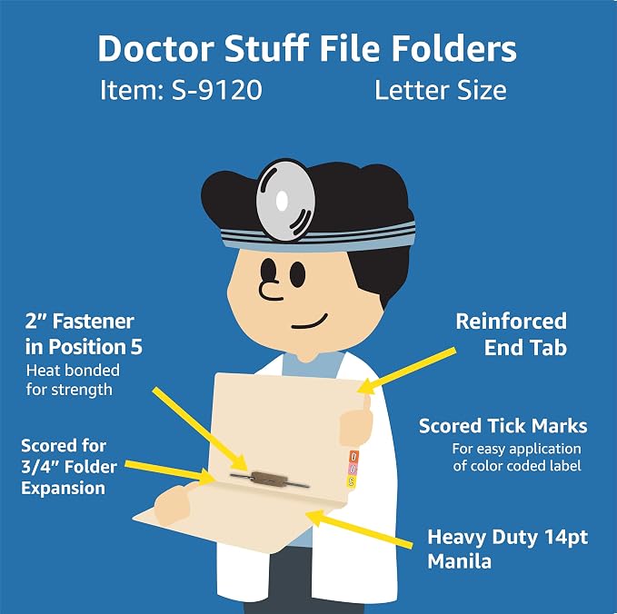 Manila File Folders, Doctor Stuff, Manila Letter Size Reinforced End Tab Folders with 2” Bonded Fastener on Inside Back in Position 5, 14 pt Manila Stock, Carton of 250 - Image 2