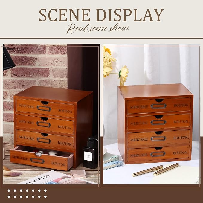 Wesiti Wooden Desk Organizer with 4 Drawers, Vintage Rustic Storage Cabinet for Home Office, Craft Room, Jewelry, Sewing Supplies - Apothecary Wood Desktop Drawer Box, Pre-assembled, Brown - Image 4