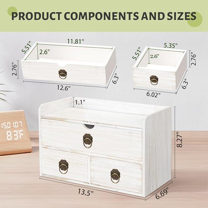 Wood Desk Organizer with Drawer, White Wooden Desktop Organizer, Tabletop Storage Organization Box for Countertop, Home Office Supplies, 13.5x6.6x8.2 Inch(3 Drawer and Shelf) - Image 3