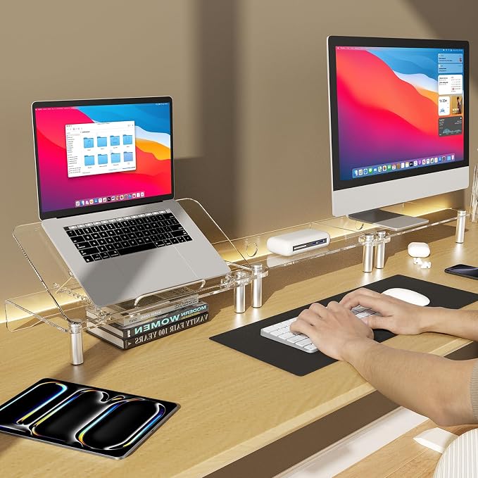 Clear Acrylic Dual Monitor Stand Riser,Laptop Riser Adjustable to 8 Angles | Double Computer monitor riser for desk for 2 Monitors,Desktop organizer Stand for Laptop,PC,Printer,TV，Cute Desk Accessories - Image 7