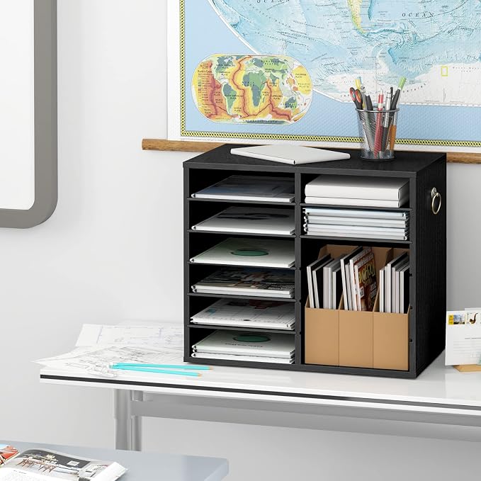 HOOBRO Literature Organizers, 12 Compartments Office Mailbox with Adjustable Shelves, Wood Countertop Literature Sorter for Office, Home, Classroom, Mailrooms Organization Black BK12WF01 - Image 9